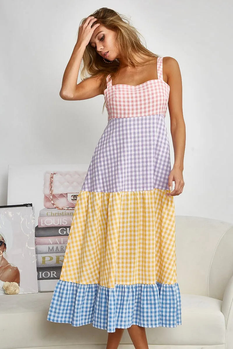 BiBi Color Block Tiered Gingham Dress - Sydney So Sweet