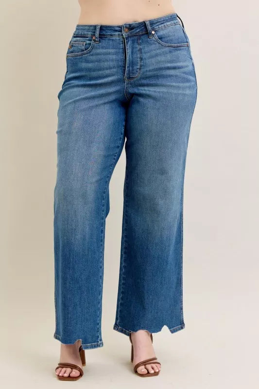Judy Blue Full Size High Waist Tummy Control Chew Hem Destroy Wide Jeans Plus Size - Sydney So Sweet