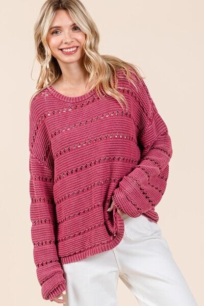 Mittoshop Openwork Round Neck Drop Shoulder Sweater - Sydney So Sweet
