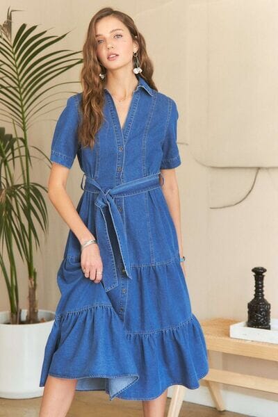 ADORA Tiered Button Down Tie Waist Short Sleeve Denim Dress - Sydney So Sweet