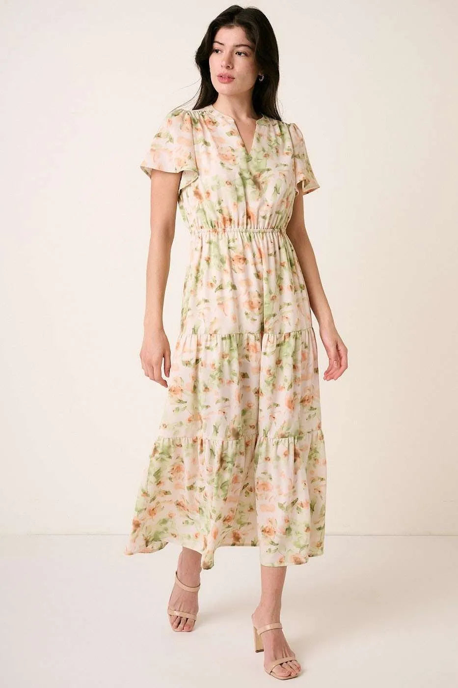 Mittoshop Flower Print Flutter Sleeve V Slit Maxi Dress - Sydney So Sweet