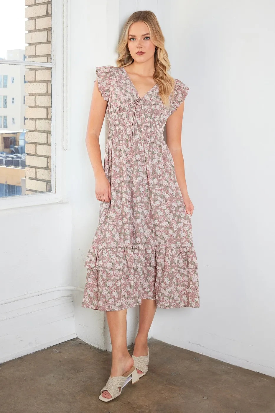 Mittoshop Flower Print Ruffle Cap Sleeve V-neck Midi Dress - Sydney So Sweet