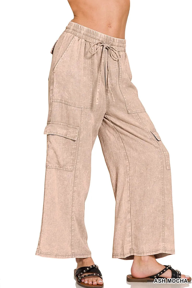 Zenana Washed Linen Elastic Band Waist Cargo Pants - Sydney So Sweet