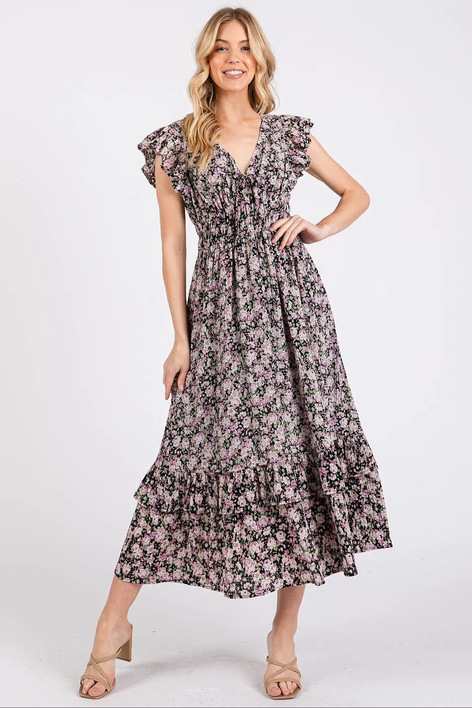 Mittoshop Flower Print Ruffle Cap Sleeve V-neck Midi Dress - Sydney So Sweet