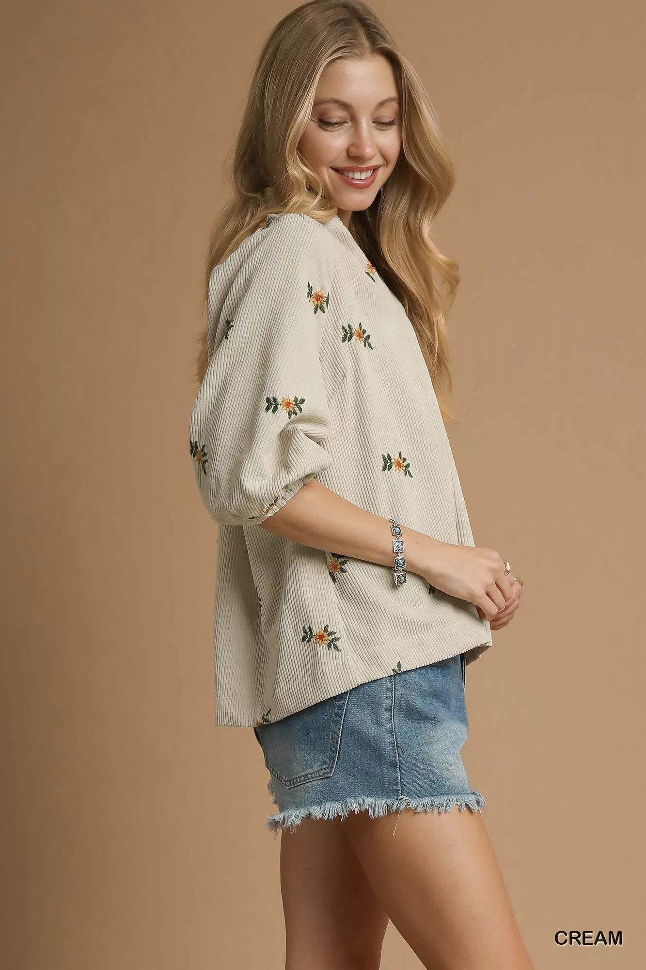 Umgee Corduroy Floral Embroidered Puff Sleeve Blouse - Sydney So Sweet