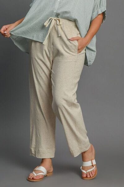 Umgee Full Size Drawstring Elastic Waistband Linen Blend Pants Plus Size - Sydney So Sweet