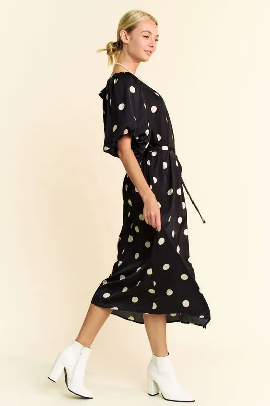 Davi & Dani Polka Dot Puff Sleeves Waist Tie Midi Dress - Sydney So Sweet