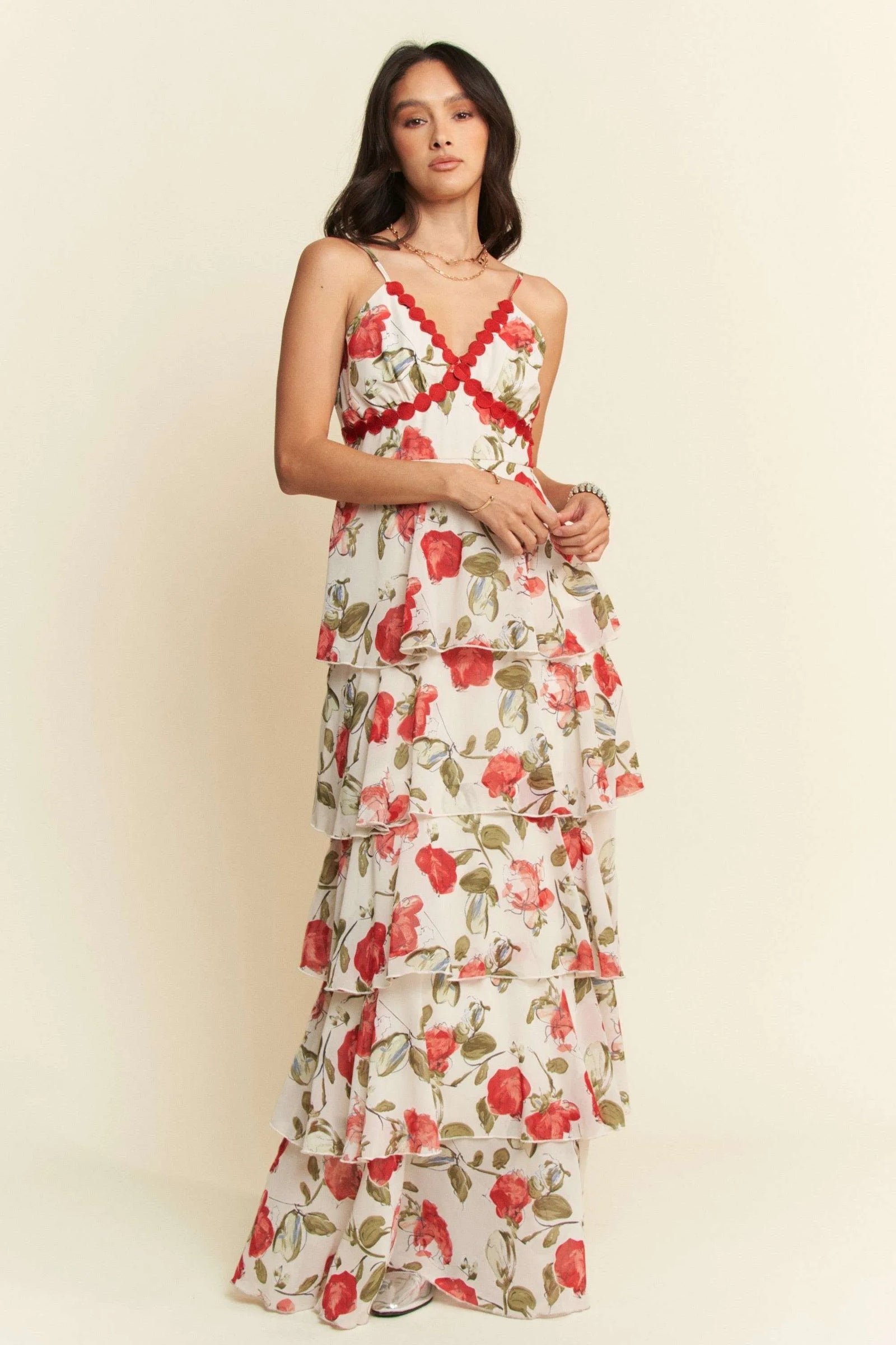 Davi & Dani Contrast Ring Lace Layered Ruffle Maxi Cami Dress - Sydney So Sweet