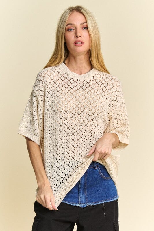 Davi & Dani Side Slit Openwork Round Neck Half Sleeve Knit Cover Up - Sydney So Sweet