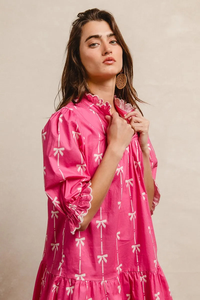 BiBi Ribbon Patterns With Scallops Edge Details Short Sleeve Dress - Sydney So Sweet