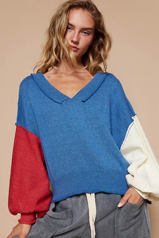 POL Exposed Seam Contrast V-Neck Lantern Sleeve Sweater - Sydney So Sweet