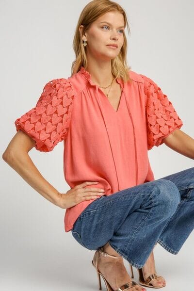 Umgee Full Size Heart Lace Sleeve Ruffle Collar Top Plus Size - Sydney So Sweet