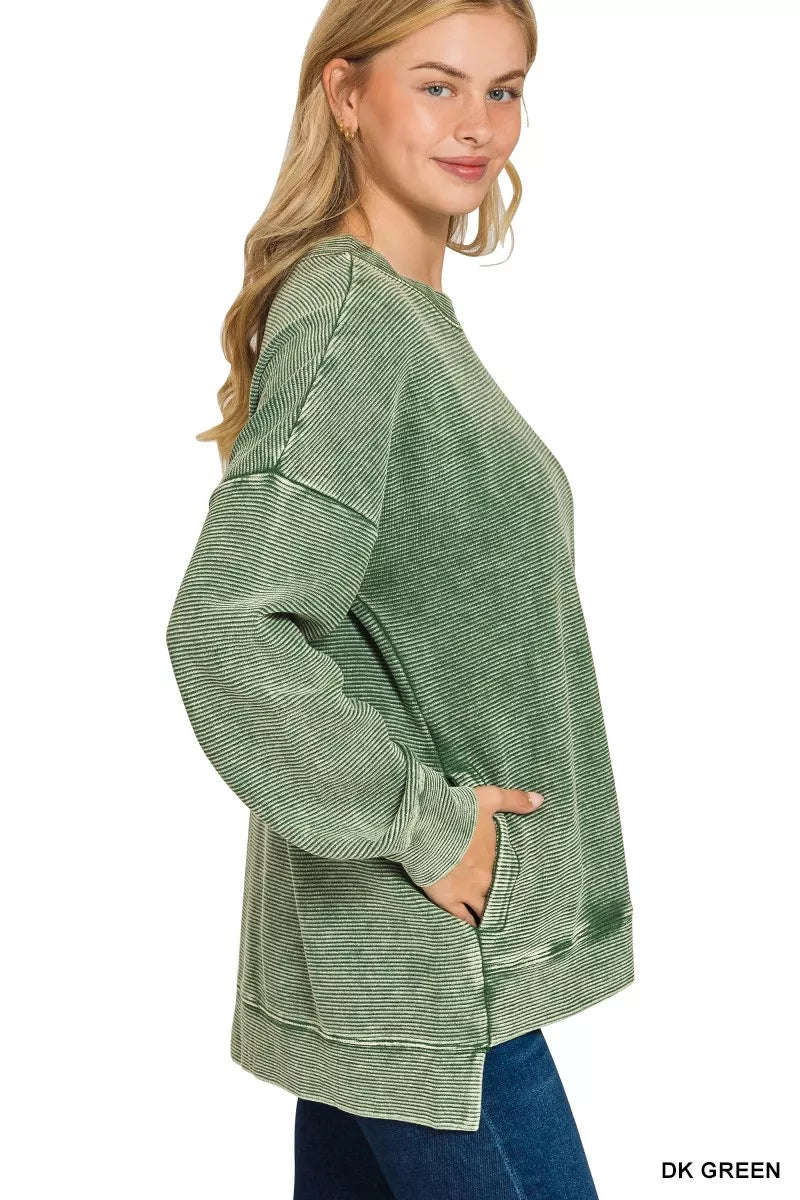 Zenana Full Size Acid Washed Double Ribbed Hi-low Sweatshirt Plus Size - Sydney So Sweet