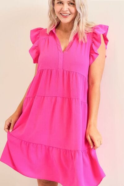 Umgee Full Size Johnny Collar Ruffle Cap Sleeve Tiered Dress Plus Size - Sydney So Sweet