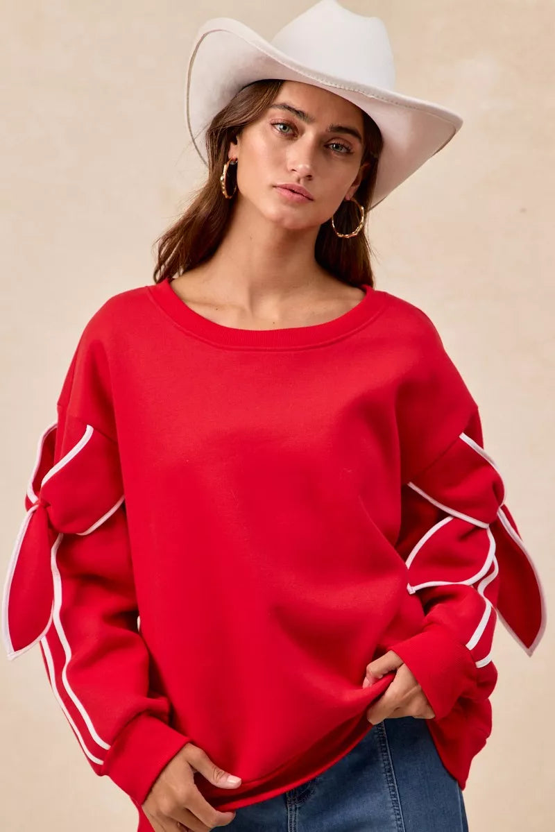 BiBi Bow Detail Sleeves Fleece Sweatshirt - Sydney So Sweet