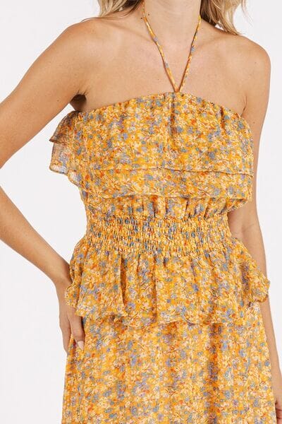 Mittoshop Ruffled Smocked Floral Halter Neck Maxi Dress - Sydney So Sweet