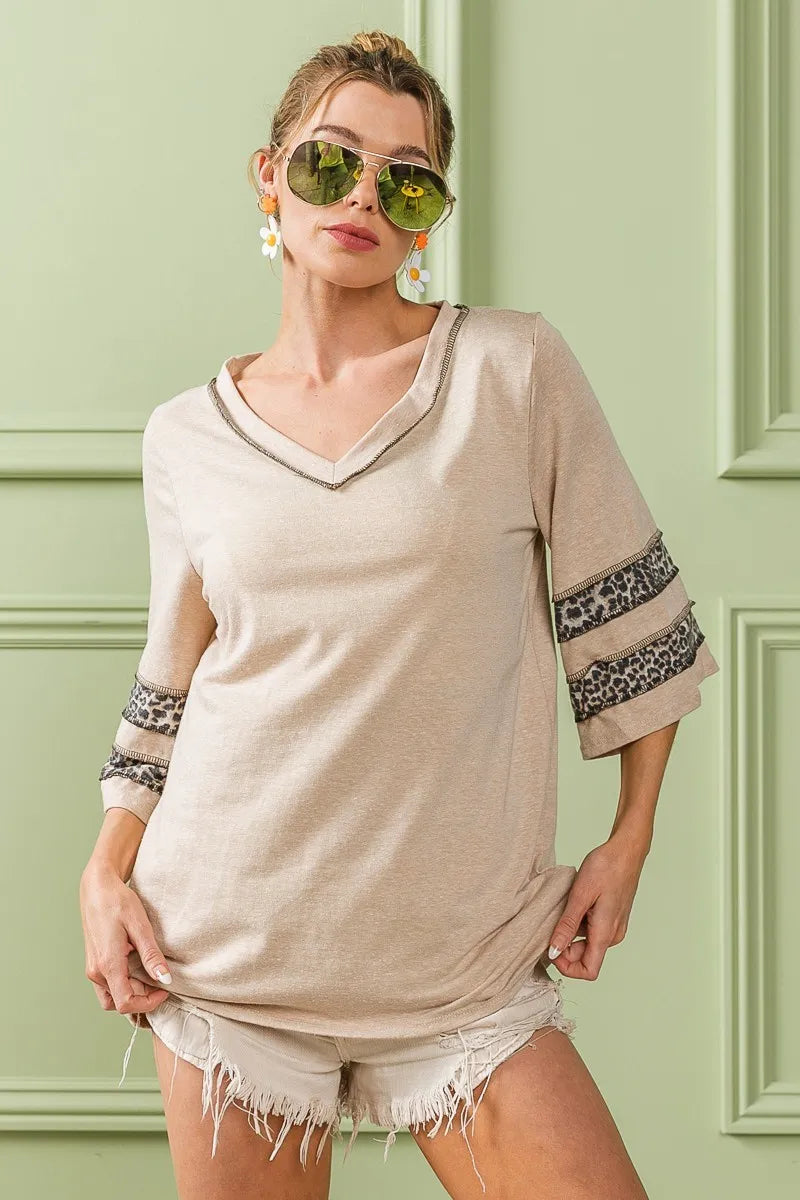 BiBi Triblend Knit Top with Leopard Band Detail - Sydney So Sweet