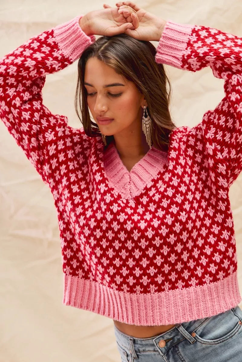 SO ME Color Block Textured Christmas Sweater V Neck Top - Sydney So Sweet