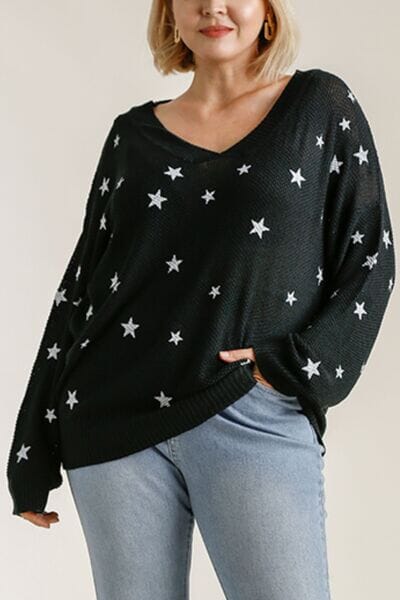 Umgee Full Size Star V-Neck Long Sleeve Sweater Plus Size - Sydney So Sweet