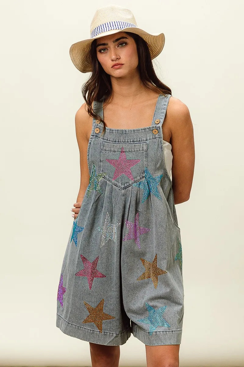 BiBi Star Rhinestone Washed Wide Leg Shortalls - Sydney So Sweet