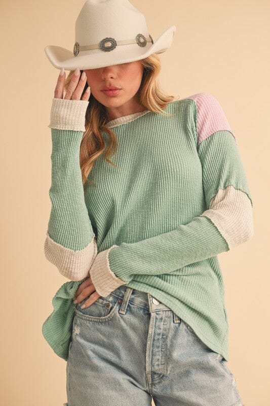 Aemi + Co Raw Seam Color Block Round Neck Knit Top - Sydney So Sweet
