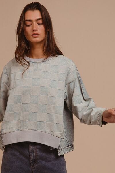 BiBi Mineral Washed Checkered Round Neck Denim Top - Sydney So Sweet