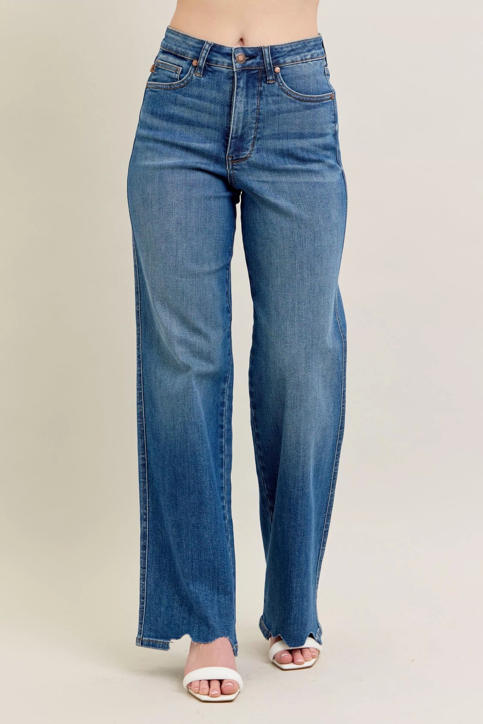 Judy Blue Full Size High Waist Tummy Control Chew Hem Destroy Wide Jeans Plus Size - Sydney So Sweet