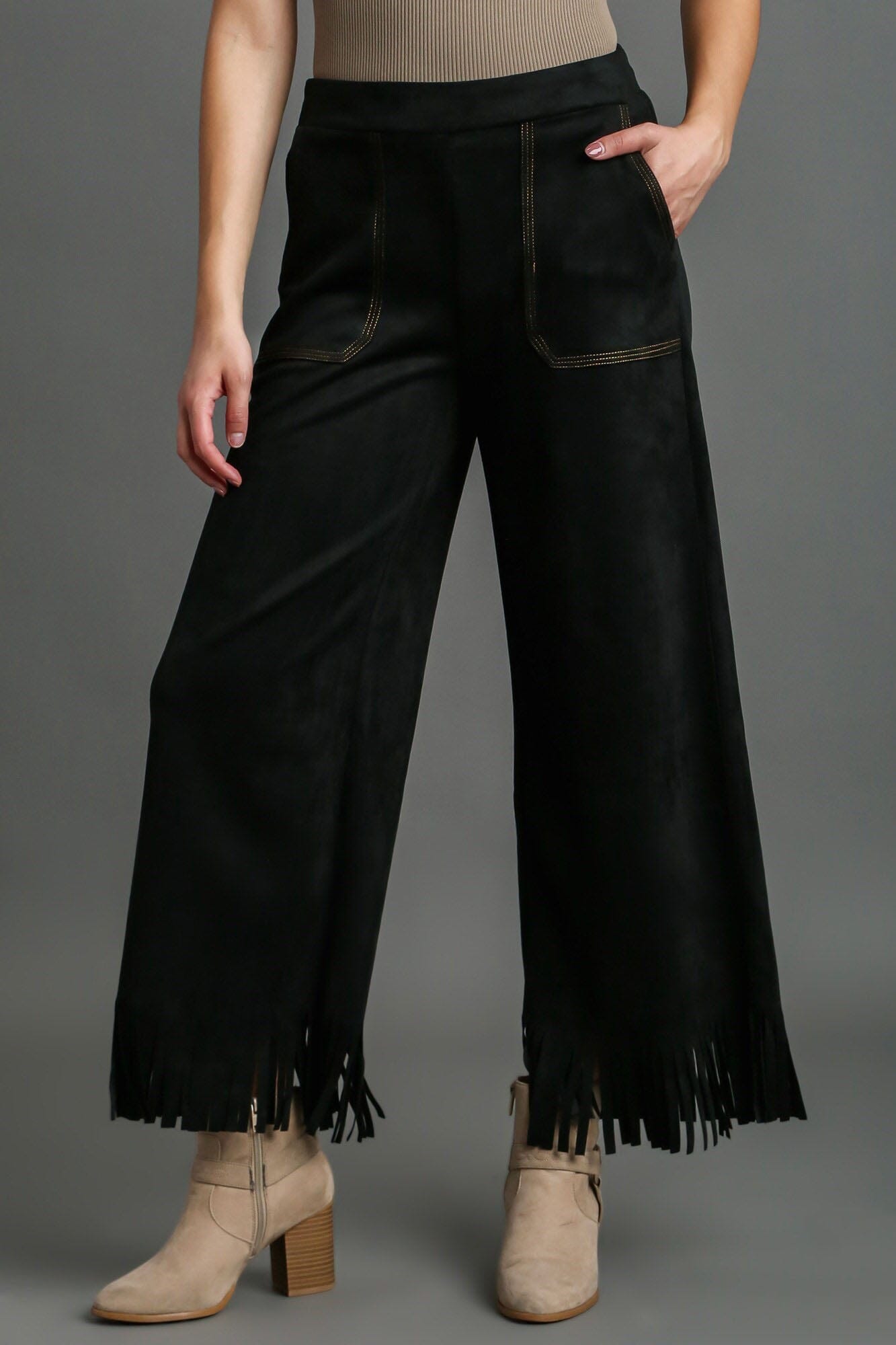 Umgee Full Size Suede Fringe Hem Wide Leg Pants Plus Size - Sydney So Sweet