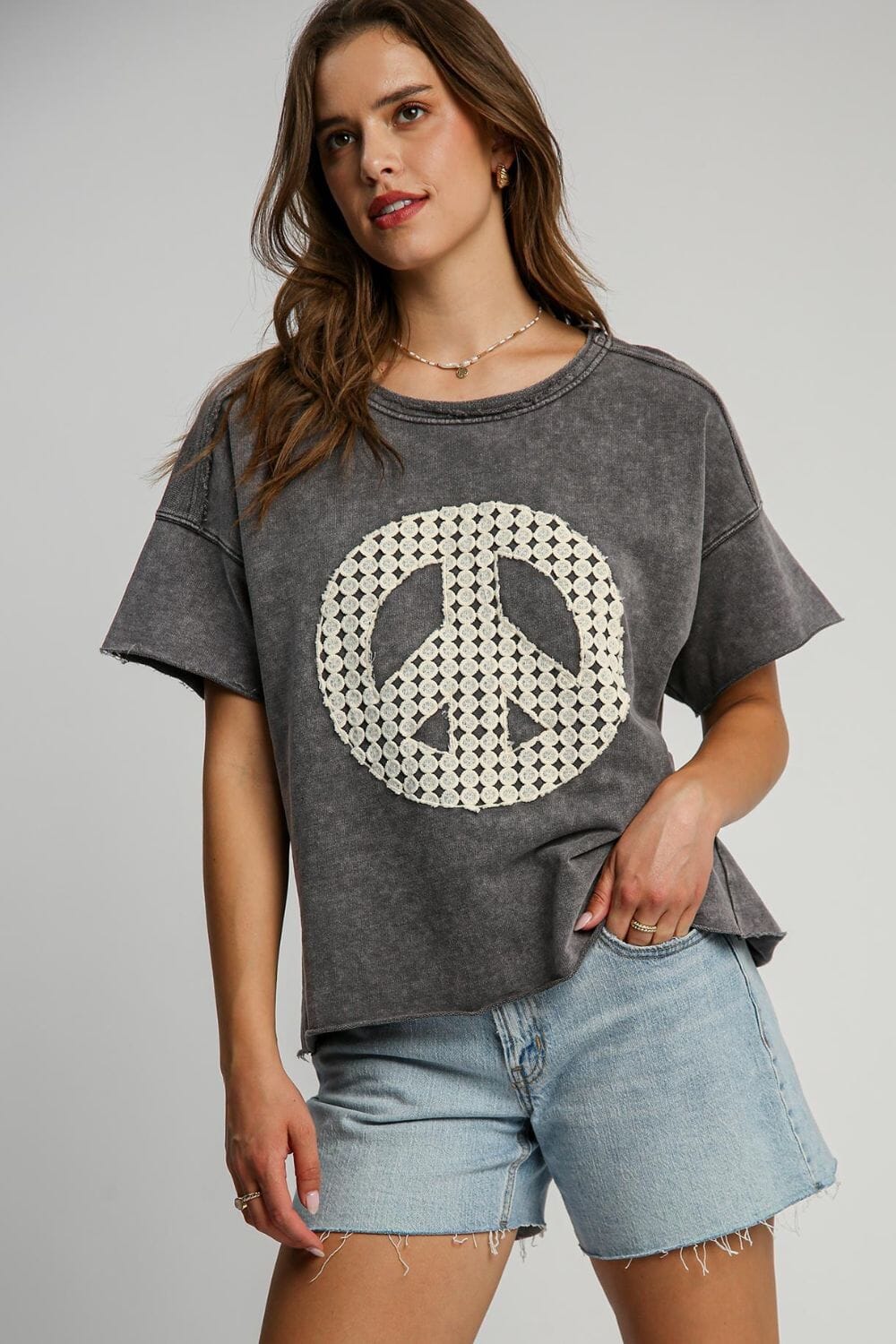 Umgee Full Size Mineral Wash T-Shirt with Lace Applique Plus Size - Sydney So Sweet