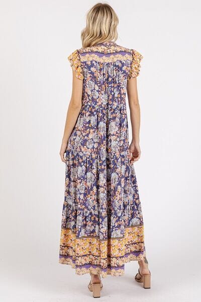 Mittoshop Floral Ruffled Notched Cap Sleeve Maxi Dress - Sydney So Sweet