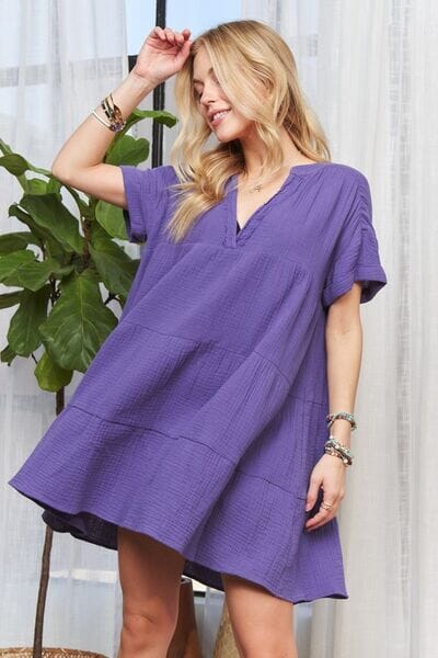ADORA Tiered Notched Short Sleeve Dress - Sydney So Sweet