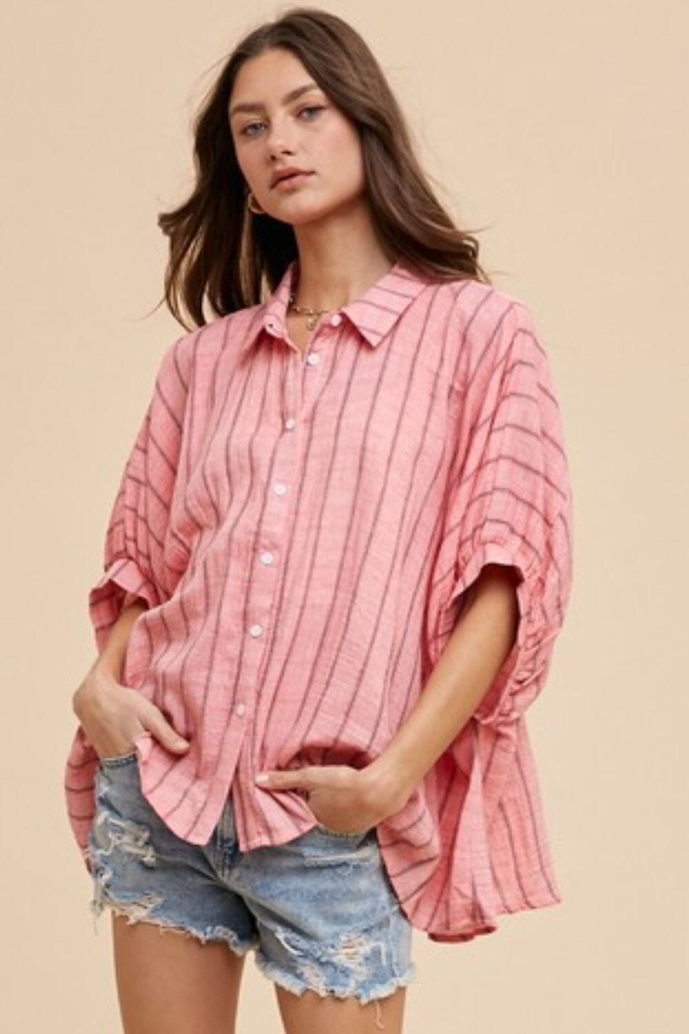 Annie Wear Striped Button Up Half Sleeve Shirt - Sydney So Sweet