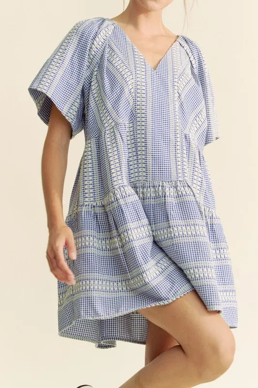 Davi & Dani Embroidered Stripe Ruffled Gingham Mini Dress - Sydney So Sweet