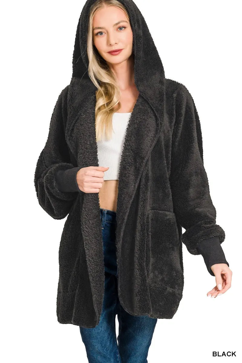 Zenana Hooded Faux Fur Jacket with Pockets - Sydney So Sweet
