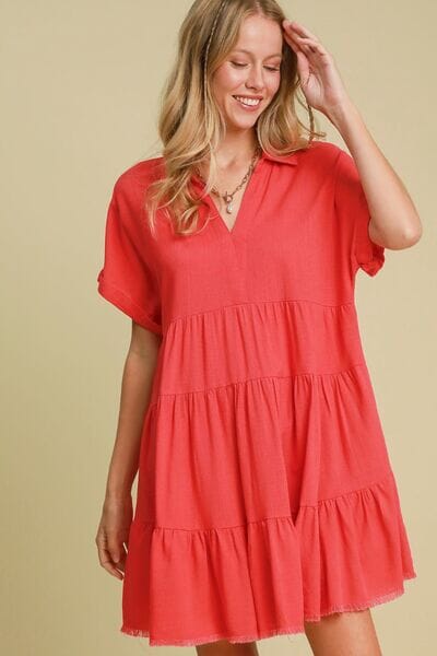 Umgee Full Size Raw Hem Folded Sleeve Tiered Dress Plus Size - Sydney So Sweet