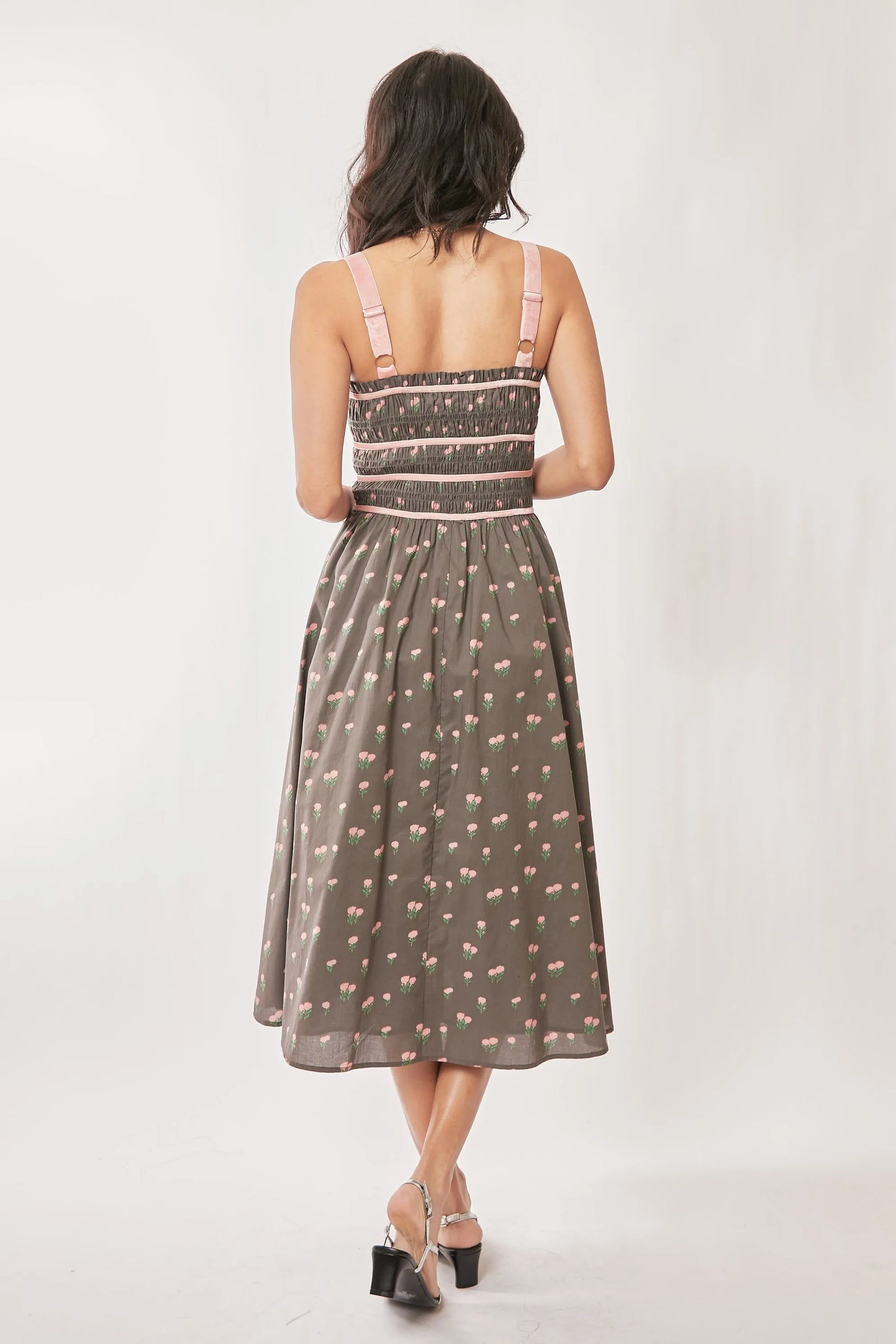 Davi & Dani Contrast Velvet Tape Smocking Bodice Midi Dress - Sydney So Sweet
