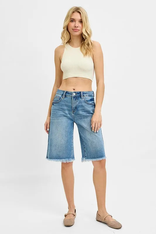 RISEN Tummy Control Mid Rise Fit Bermuda Denim Shorts - Sydney So Sweet