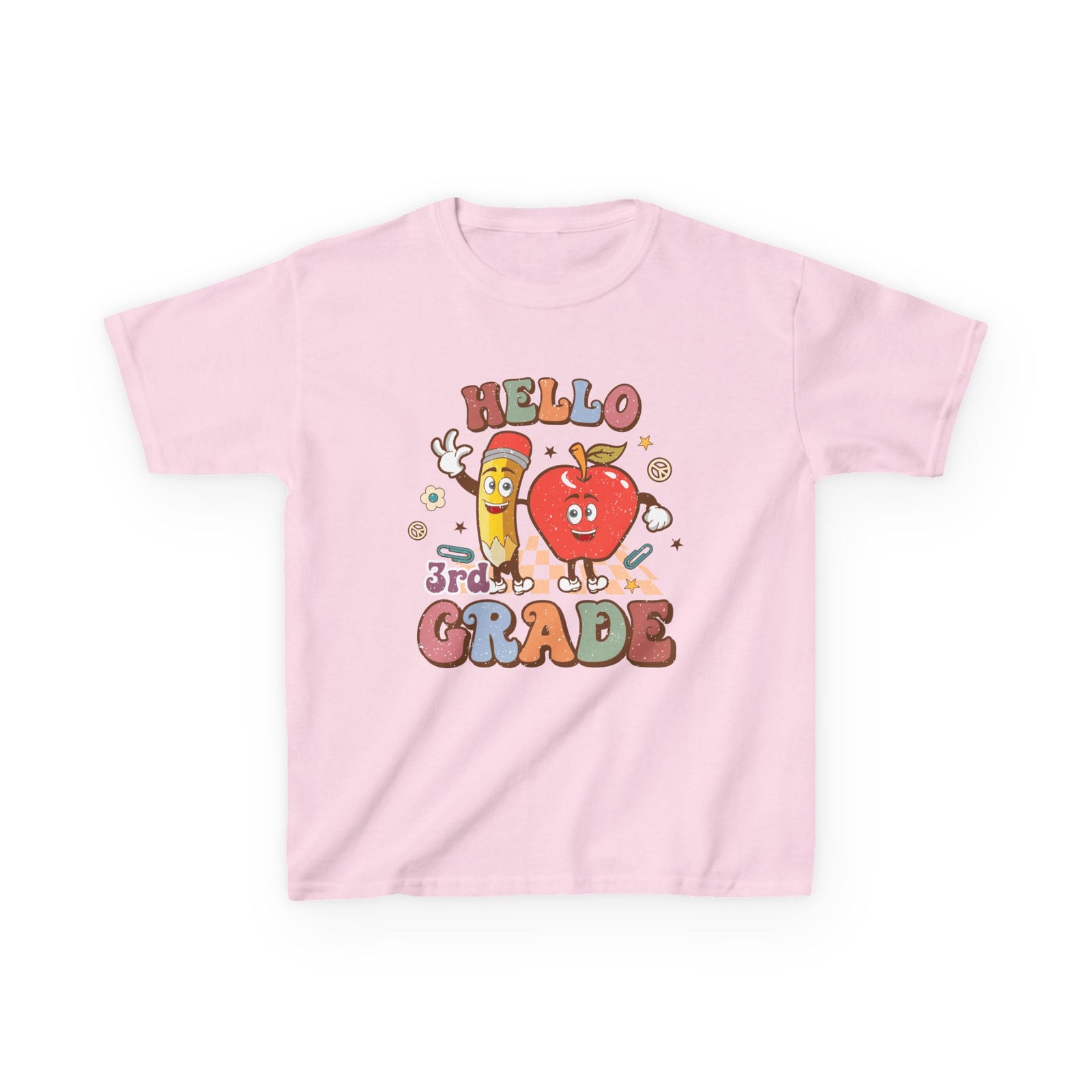 Hello 3rd Grade Cute Apple & Pencil Graphic Tee Back-to-School Third Grade Kids T-Shirt