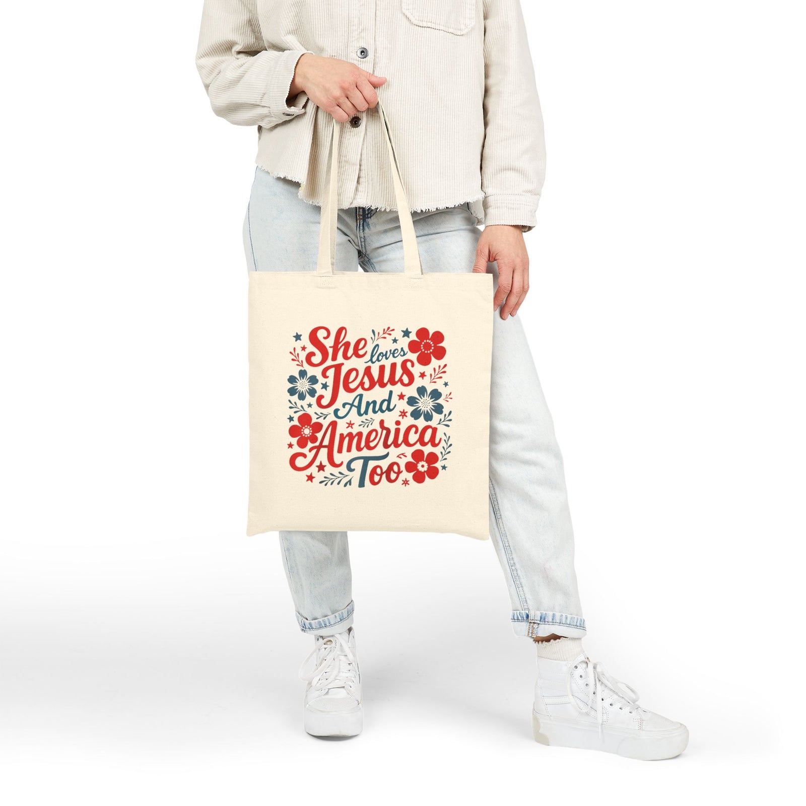 She Loves Jesus and America Too Patriotic Floral Cotton Canvas Tote Bag