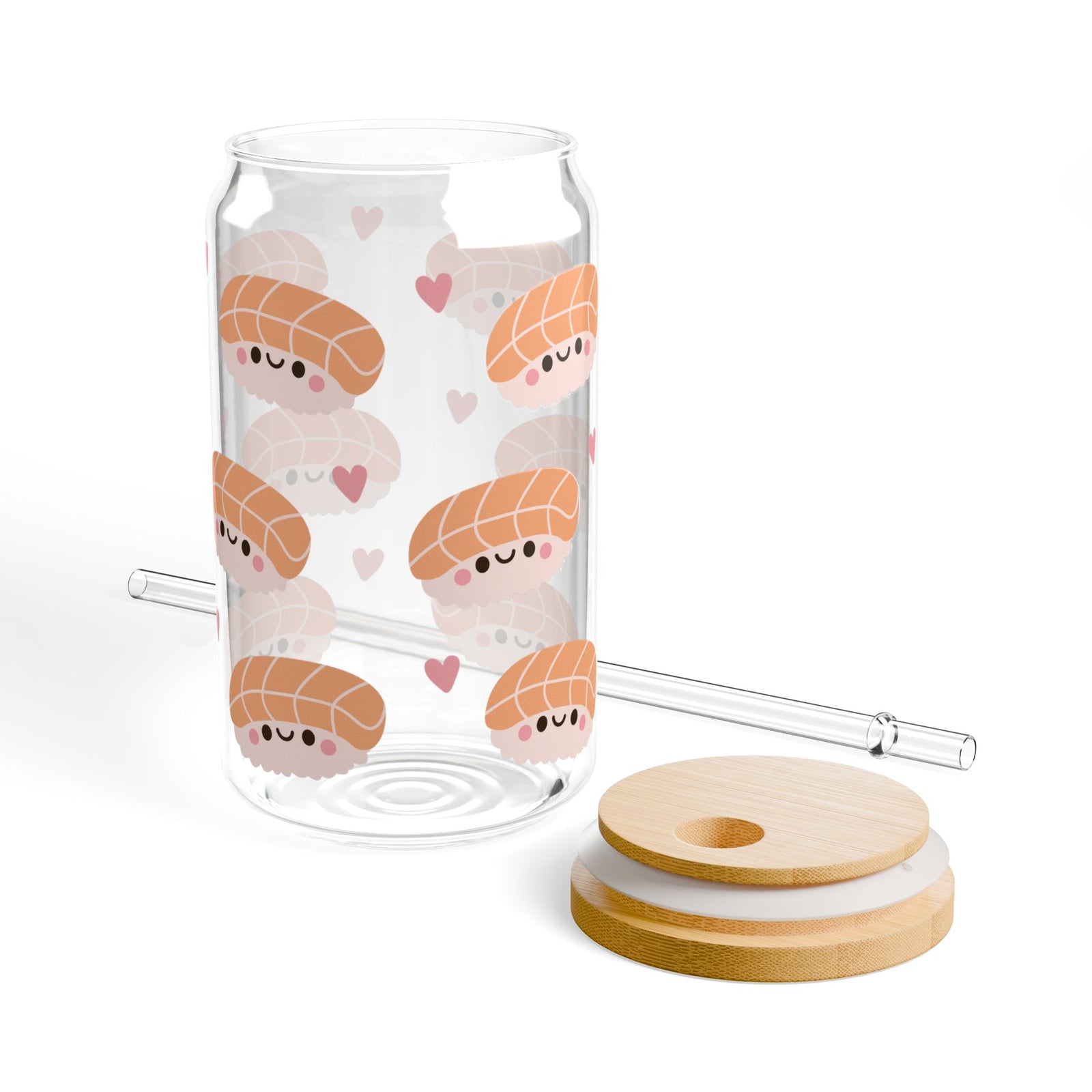 Kawaii Sushi Tumbler Sipper Glass 16oz — Reusable Drink Jar with Lid & Straw