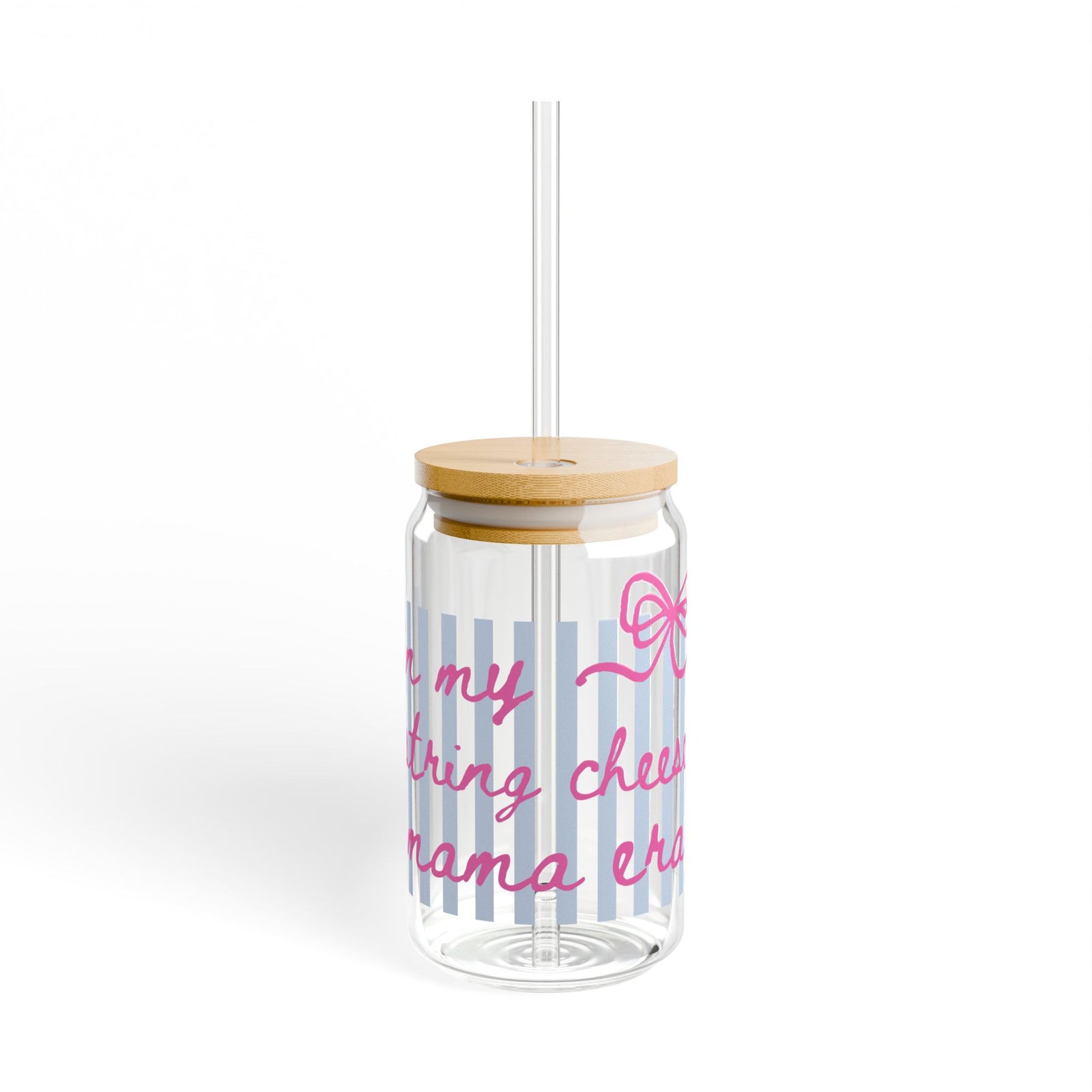 In My String Cheese Cheer Mama Era Pink Script Sipper Glass 16oz Reusable Drink Jar with Lid & Straw