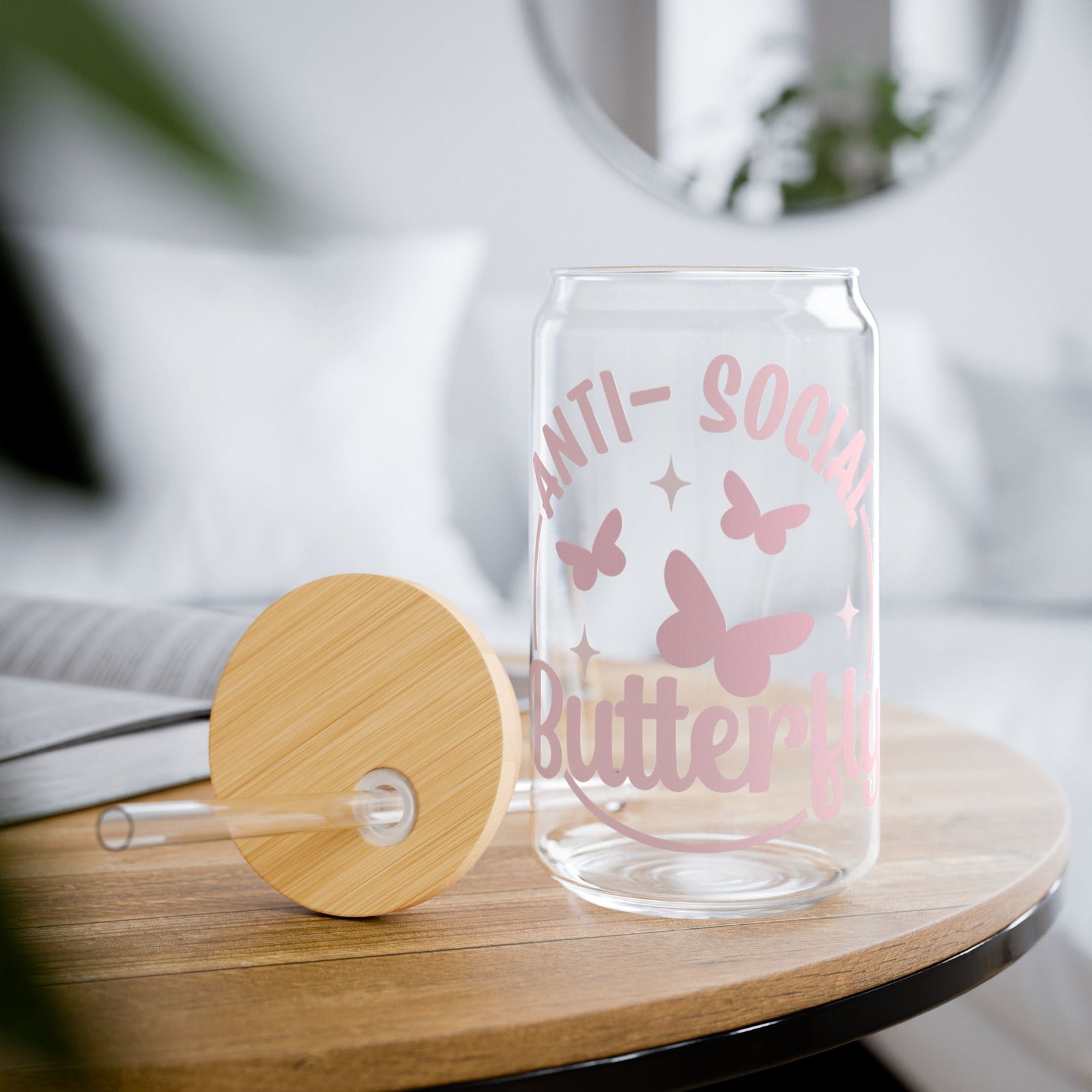 Anti-social Butterfly Tumbler Sipper Glass 16oz — Reusable Drink Jar with Lid & Straw