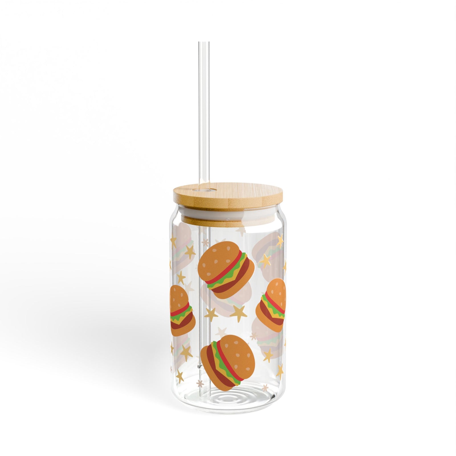 Burgers Tumbler Sipper Glass 16oz — Reusable Drink Jar with Lid & Straw