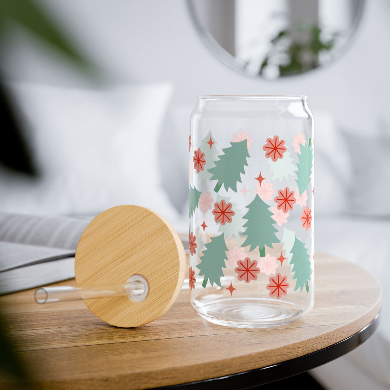 Holly Jolly Christmas Holiday 16 oz reusable glass drink jar with lid and straw