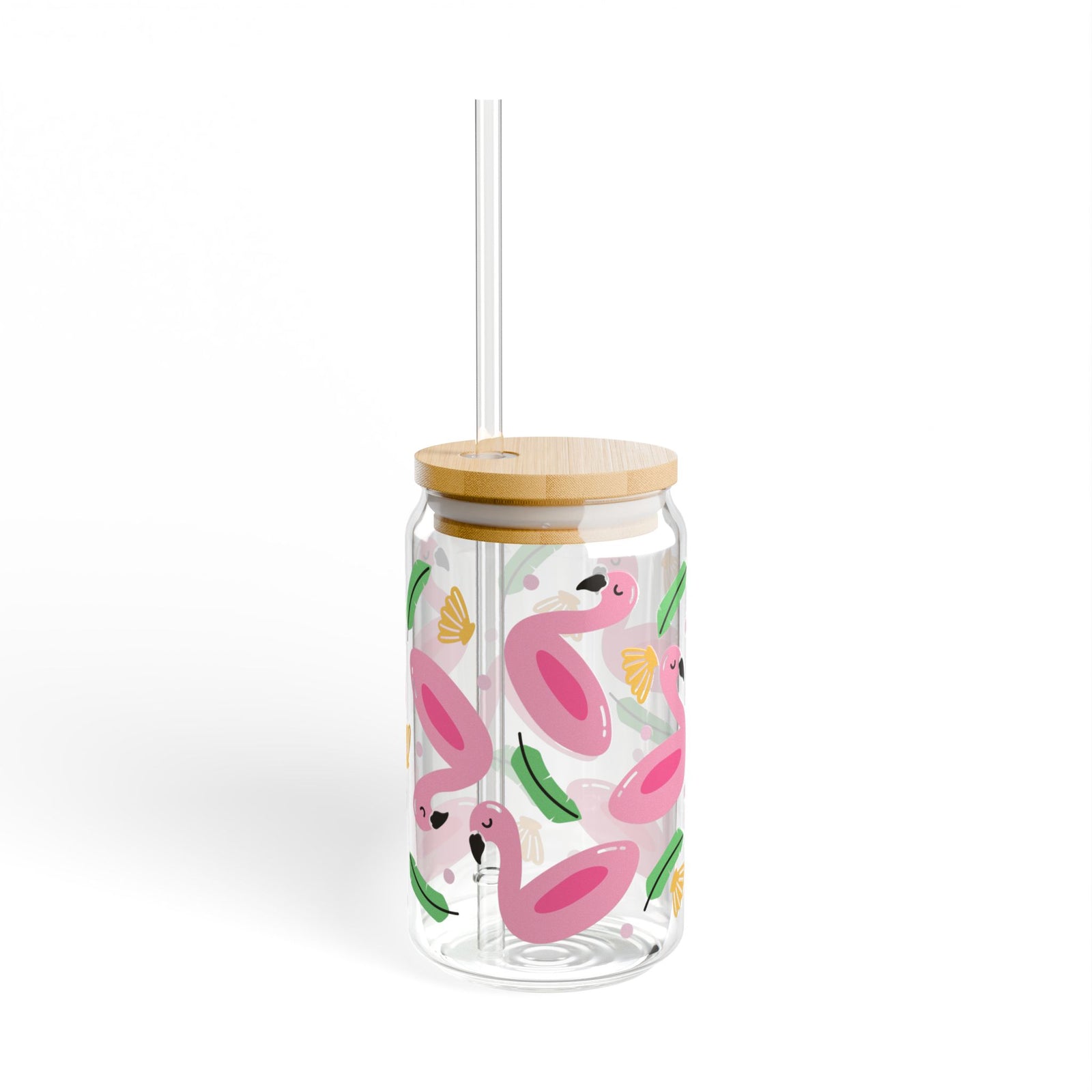 Flamingo Float Tumbler Sipper Glass 16oz — Reusable Drink Jar with Lid & Straw