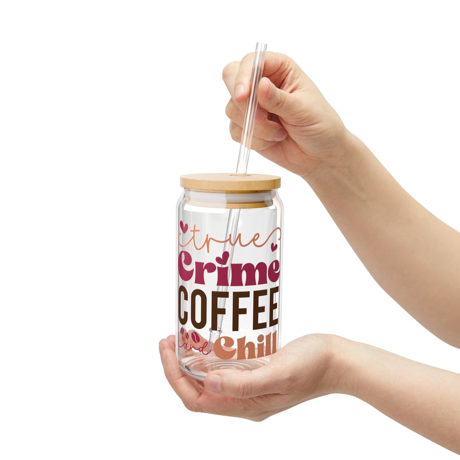 True Crime Coffee and Chill 16 oz reusable glass drink jar with lid and straw