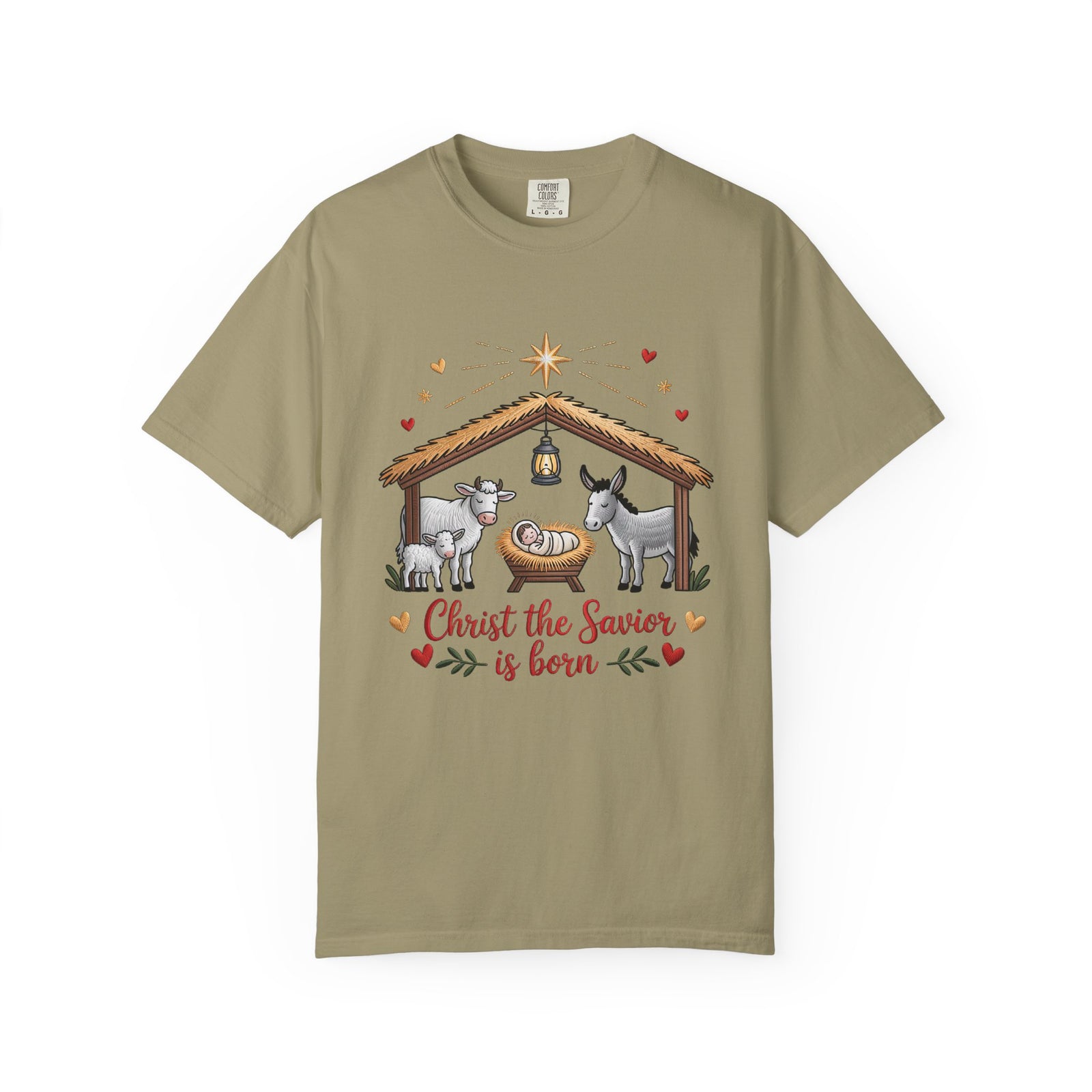Christ the Savior is Born Faux Embroidery T-Shirt Nativity Scene Graphic Tee