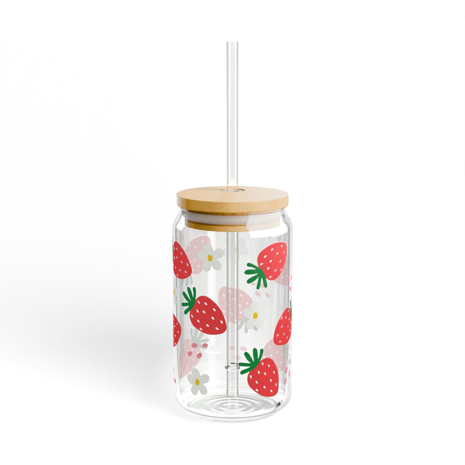 Strawberries Tumbler Sipper Glass 16oz — Reusable Drink Jar with Lid & Straw