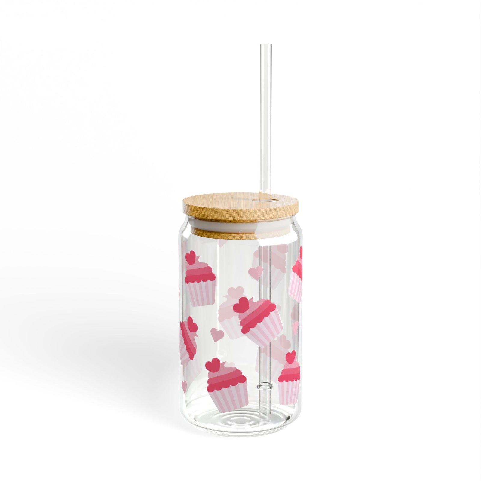 Cupcake Hearts Tumbler Sipper Glass 16oz — Reusable Drink Jar with Lid & Straw