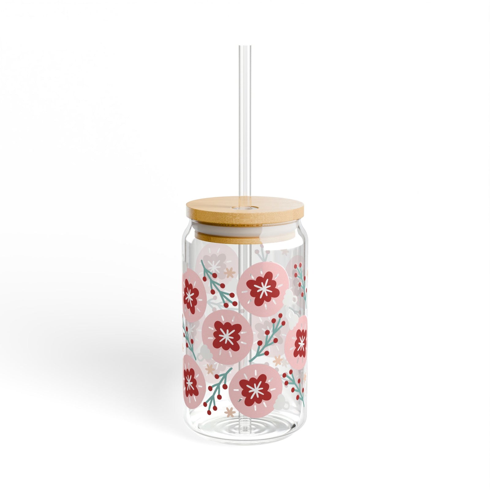 Hygge Christmas Holiday 16 oz reusable glass drink jar with lid and straw